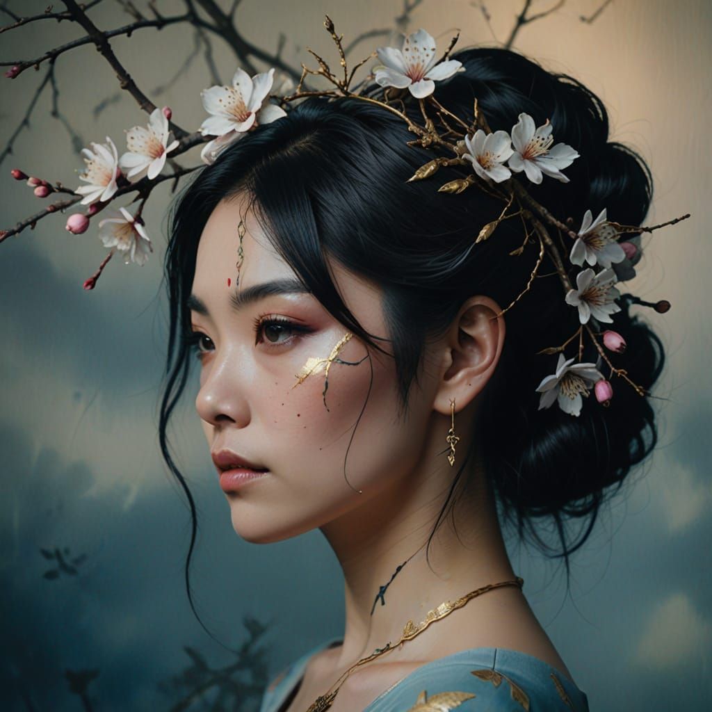 A Woman's Elegant Porcelain Face with Nature-Inspired Tattoo...