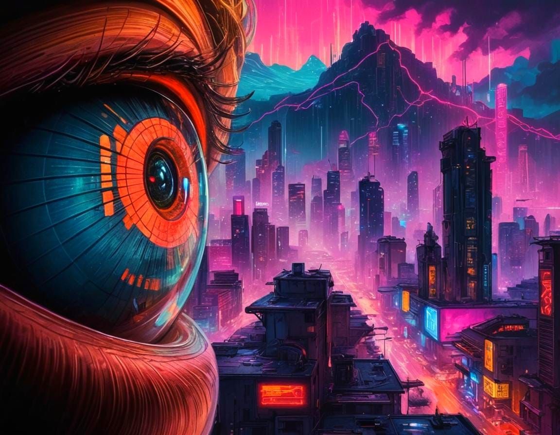 Cyberpunk City Reflected in Eye