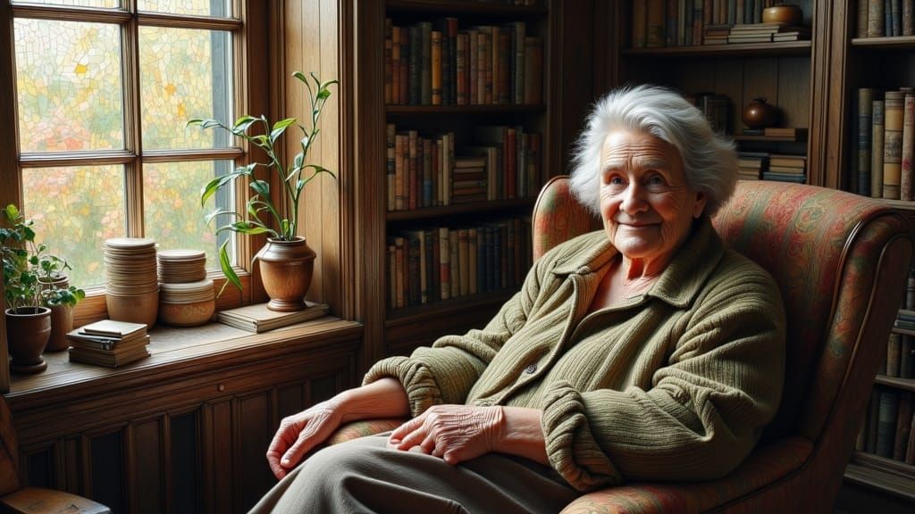 Elderly Woman's Wisdom in Warm Oil Portrait