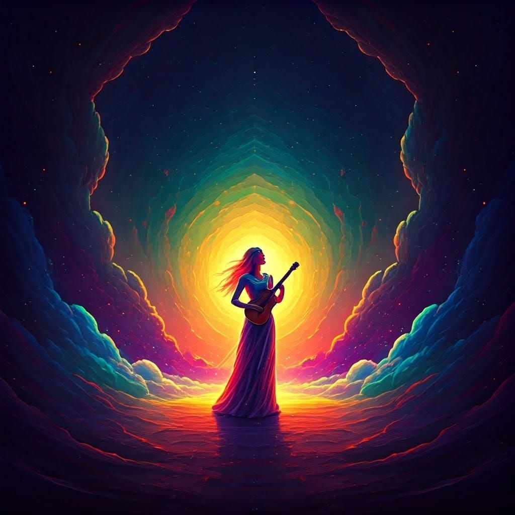 Celestial Musician Harmonizes with Prismatic Galaxy