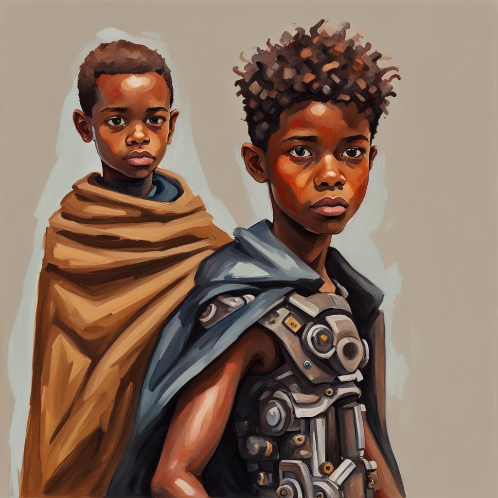 Boy with Robotic Arm in Gouache Impressionist Style