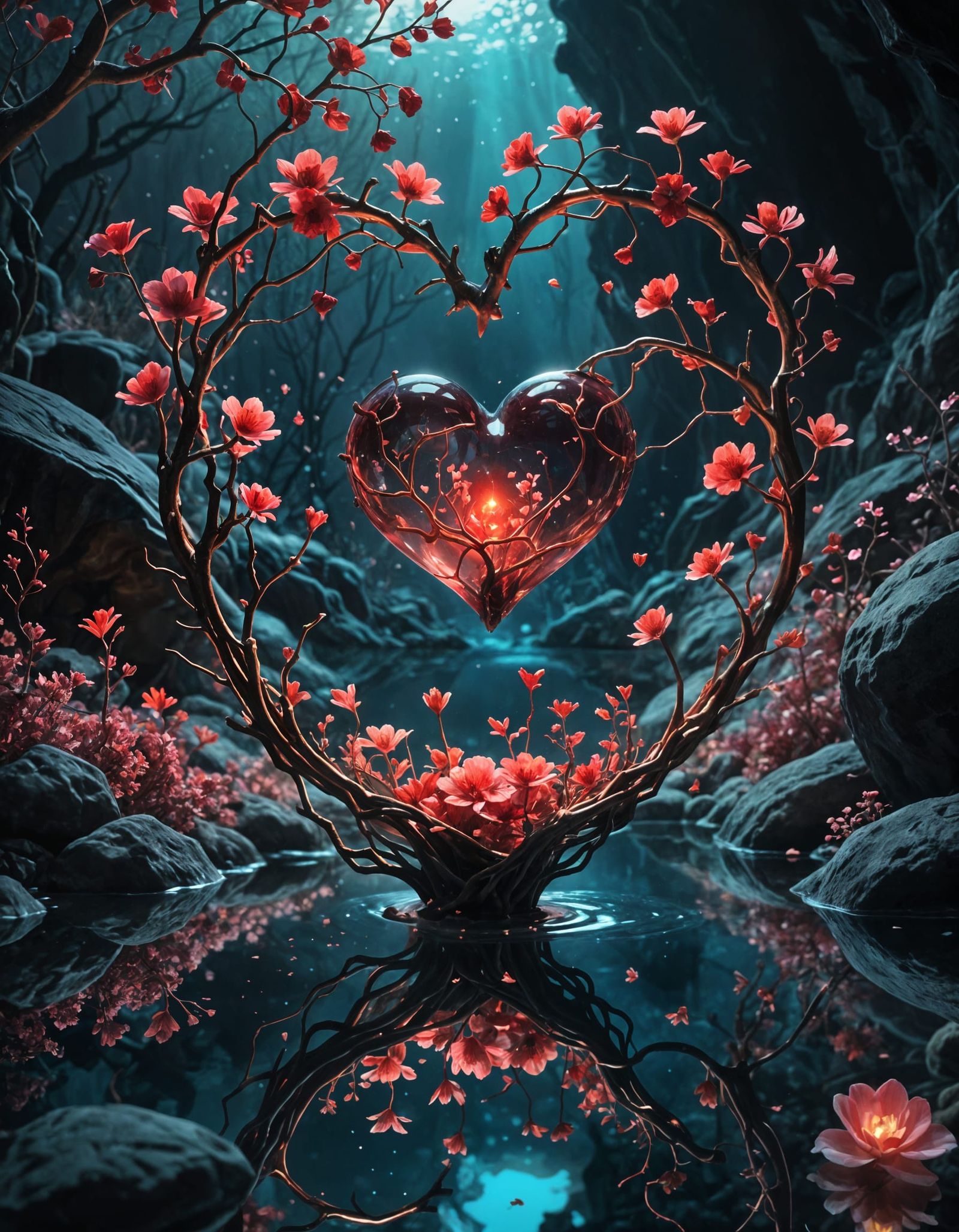 Ethereal Ruby Heart in Deep Ocean