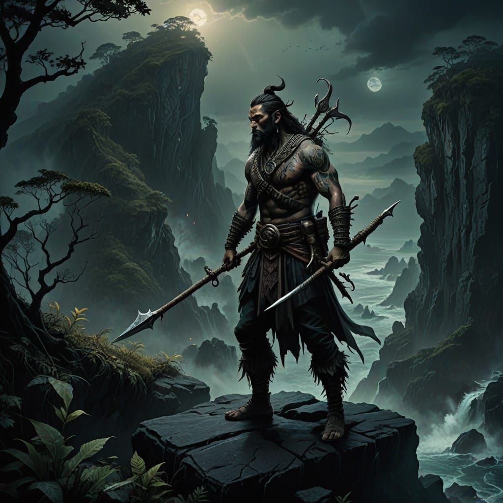 Polynesian Harpooner on Misty Cliff in Dark Fantasy Art