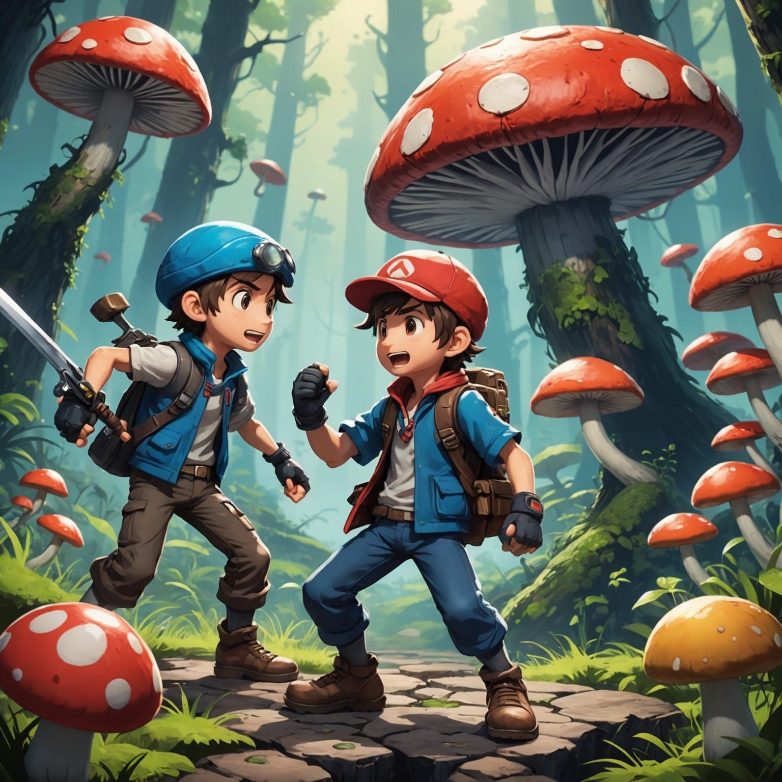 Anime Game Characters Fight Mushroom Monsters