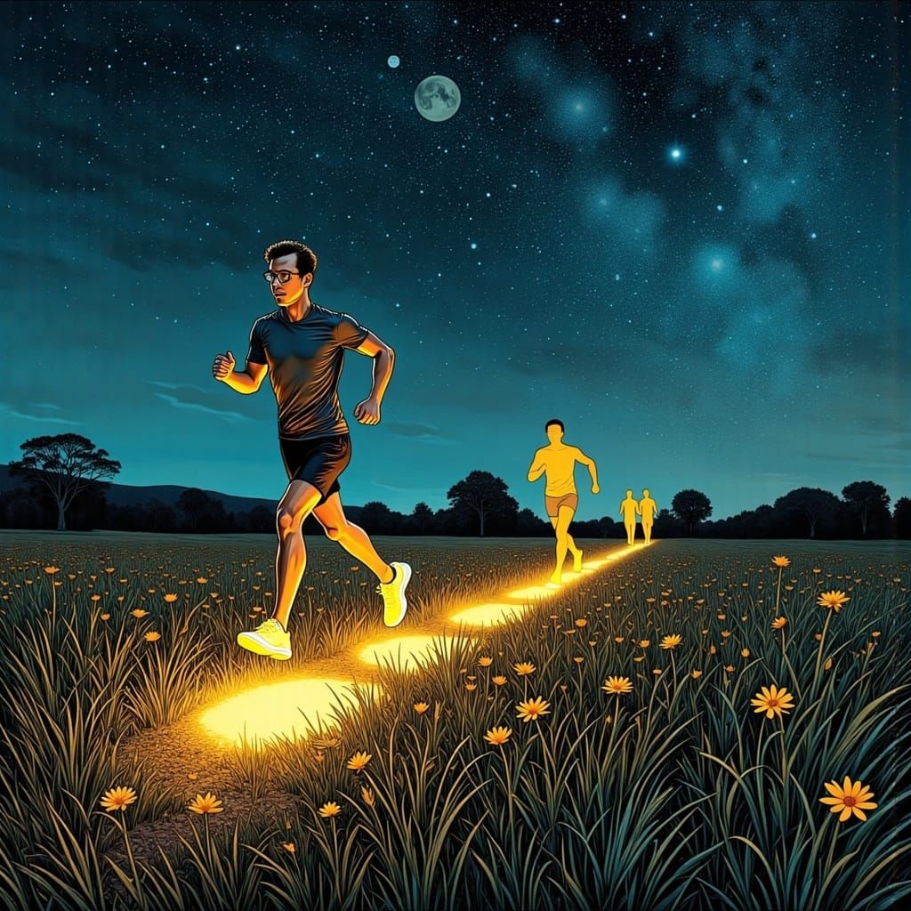 Glowing Footprints in Meadow: Bold Etching Style