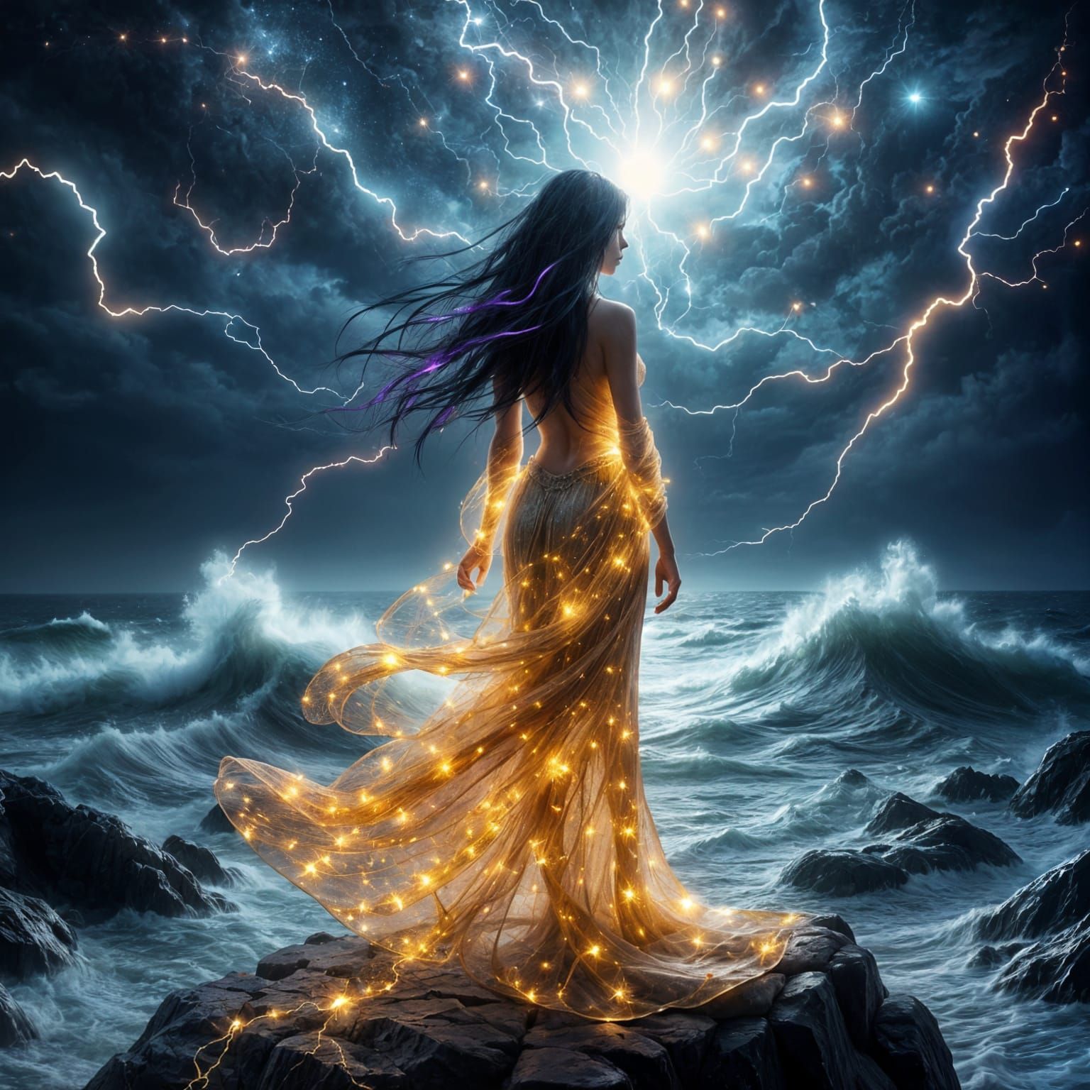 Woman in Lightning Dress on Stormy Cliff