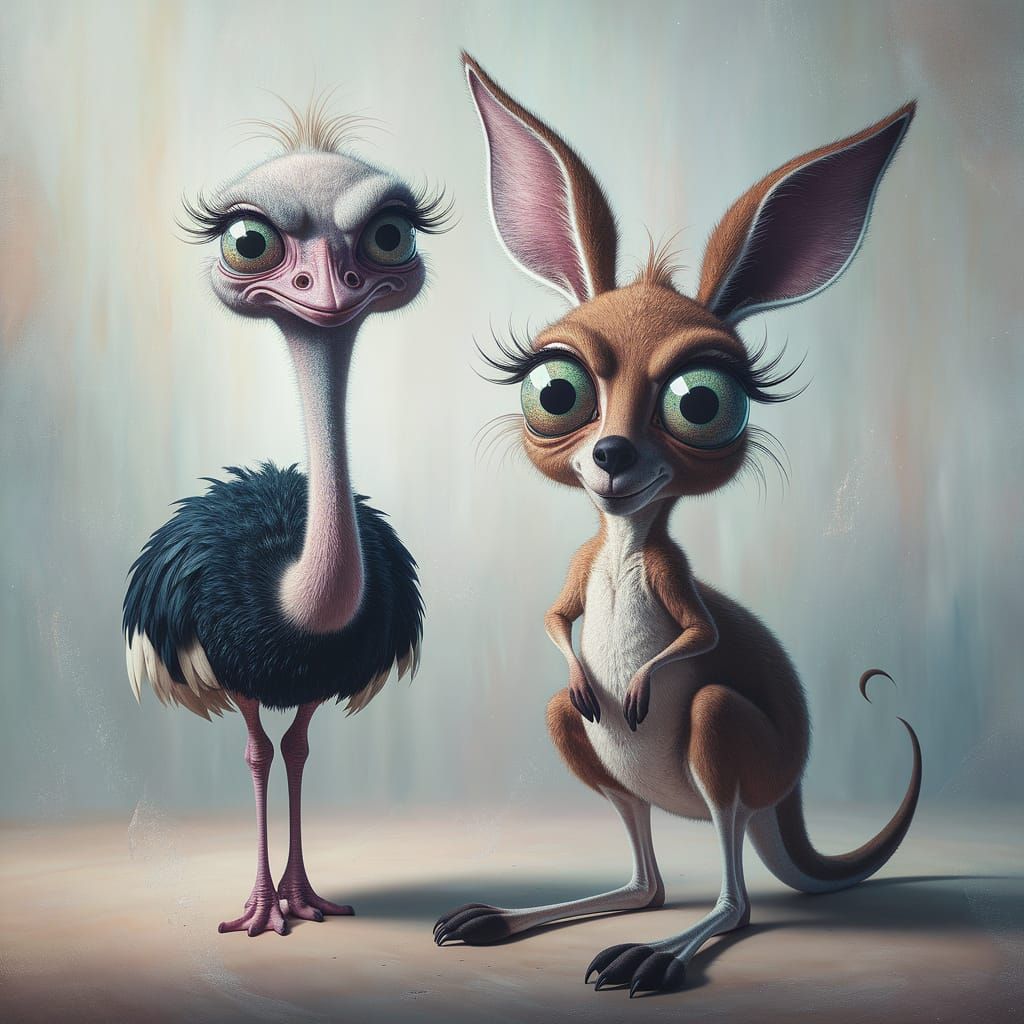 Surreal Whimsical Painting of Dreamlike Ostrich and Kangaroo...