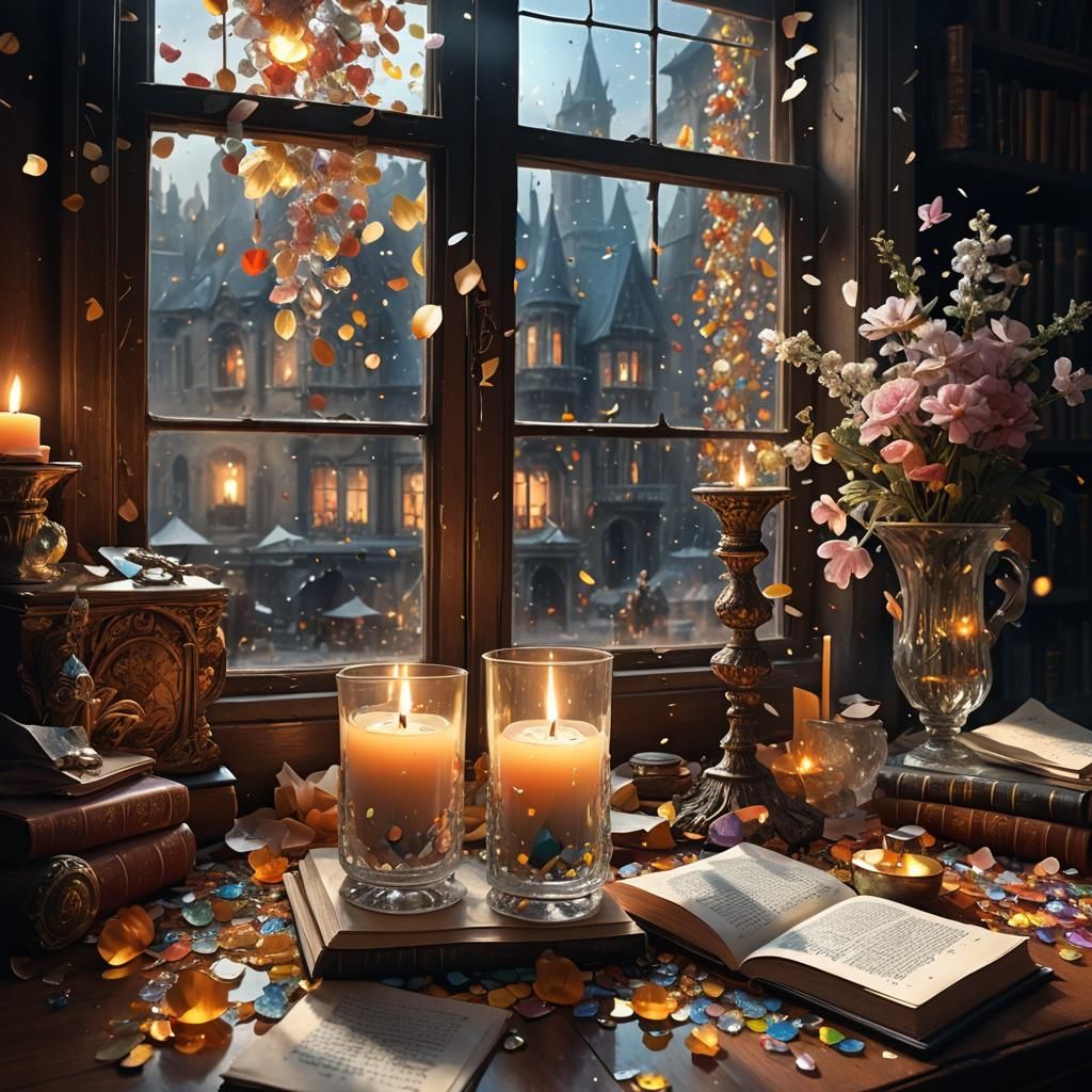 Maximalist Window Scene with Crystal and Candle