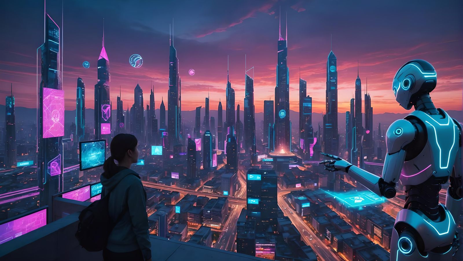 Futuristic Neon Cityscape at Dusk with Humanoid Robot