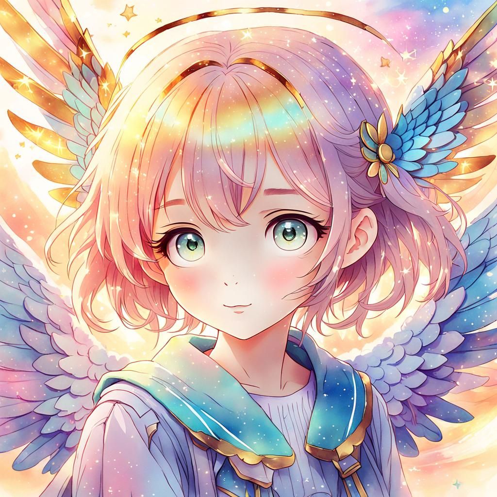Magical Anime Girl with Wings in Watercolor Style