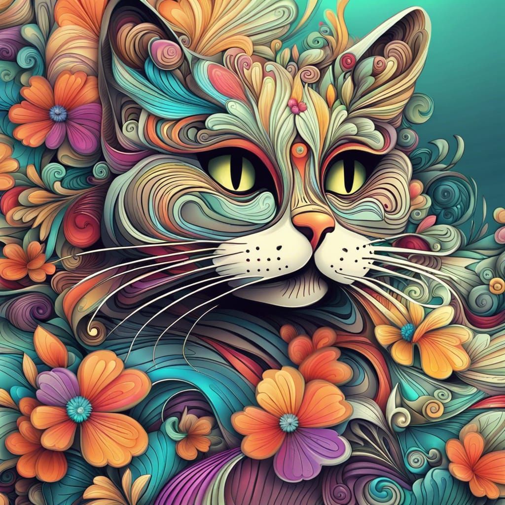 Colorful Cat with Flowers in Abstract Style