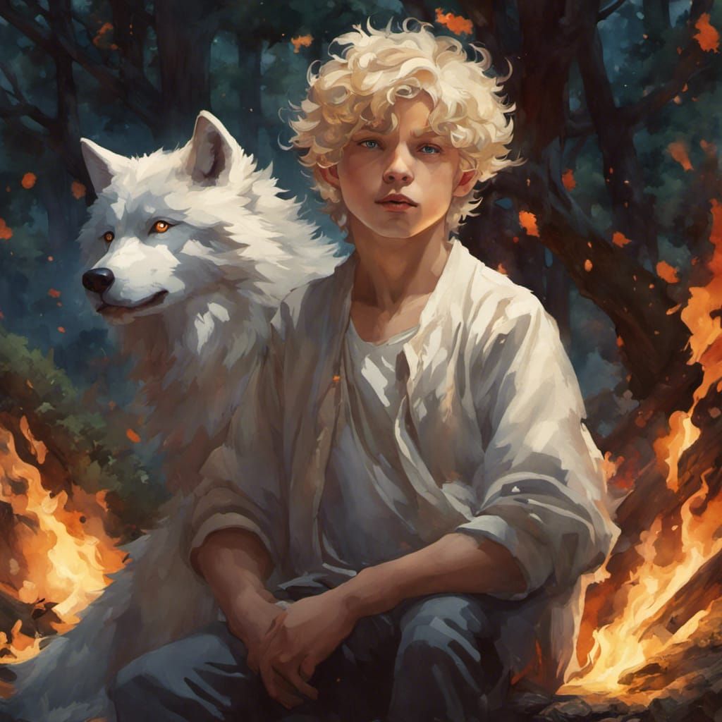 Boy and Wolf by Fire in Forest, Watercolor Art