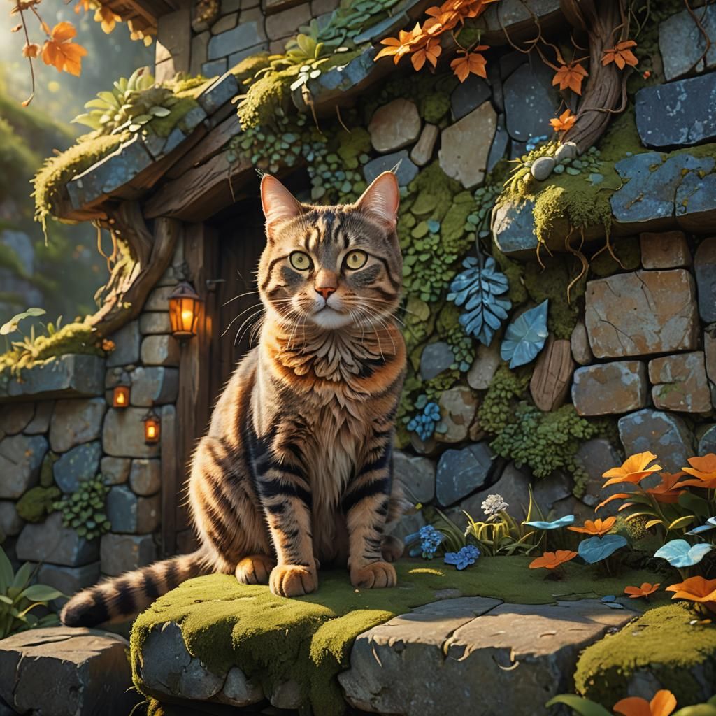 Tabby Cat on Mossy Wall: Fantasy Concept Art