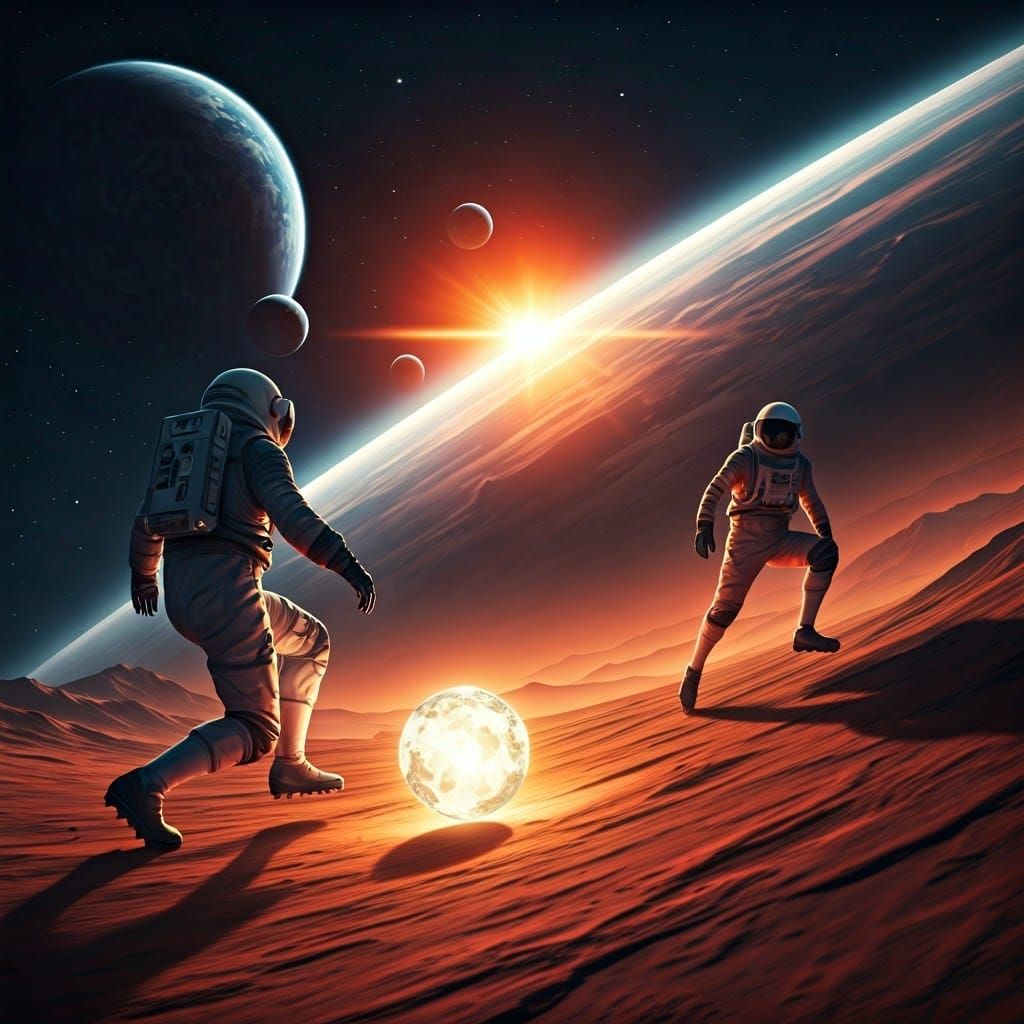 Astronaut Soccer on Mars in Cinematic Sci-Fi Style