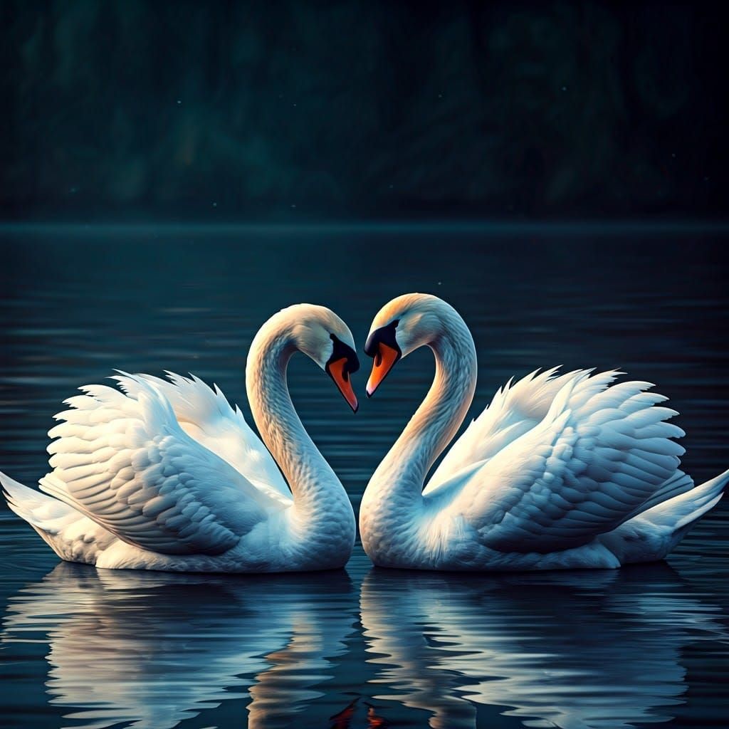 Surreal Winter Scene with Pastel Swans Making a Heart Shape