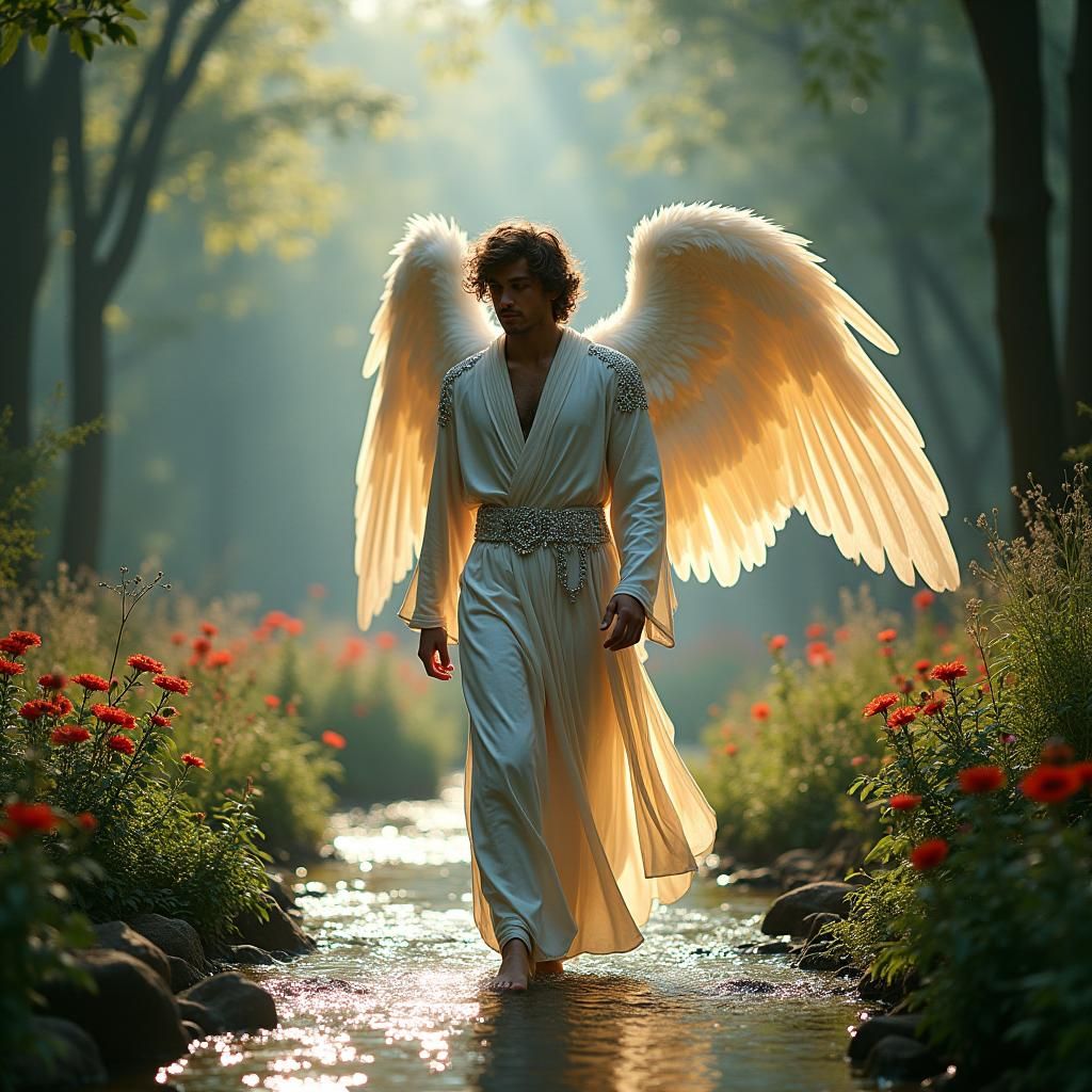 Majestic Angel in Lush Garden, Hyperrealistic Style