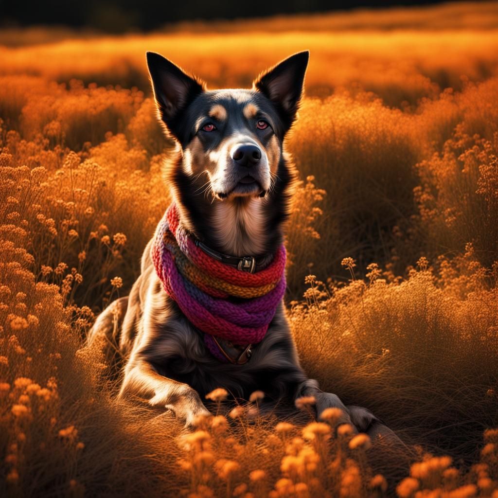 Dog in Colorful Field with Sunlight, Hyperrealistic