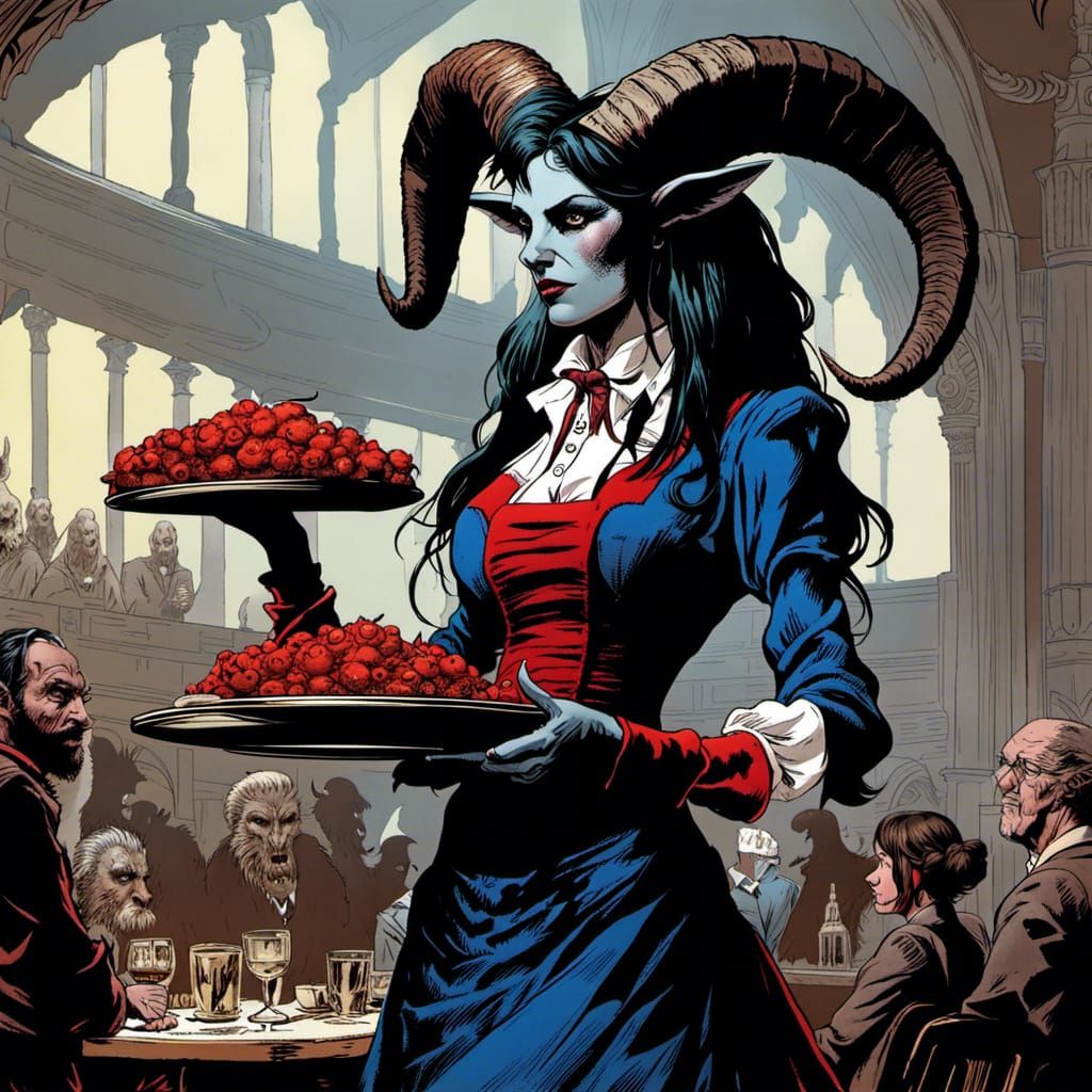 High Gothic Horror Weregoat Waitress in Restaurant