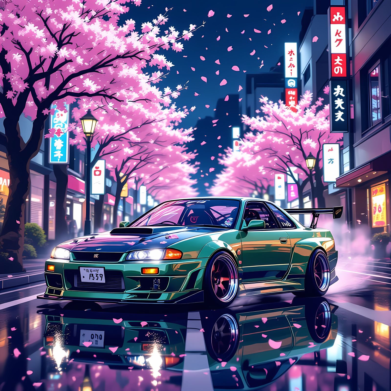 Black and Green Drift Car on Neon Japanese Street