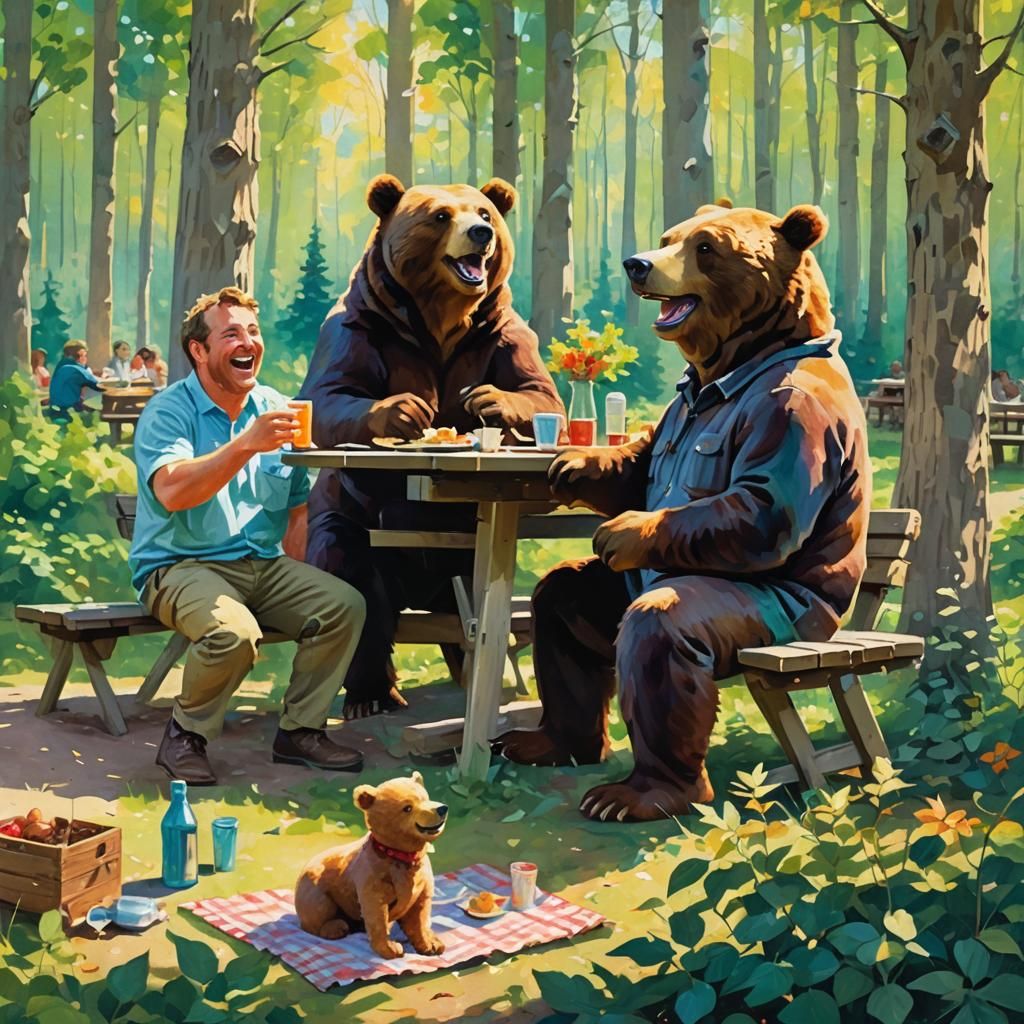 Man and Bear Laughing in Woodland Scene