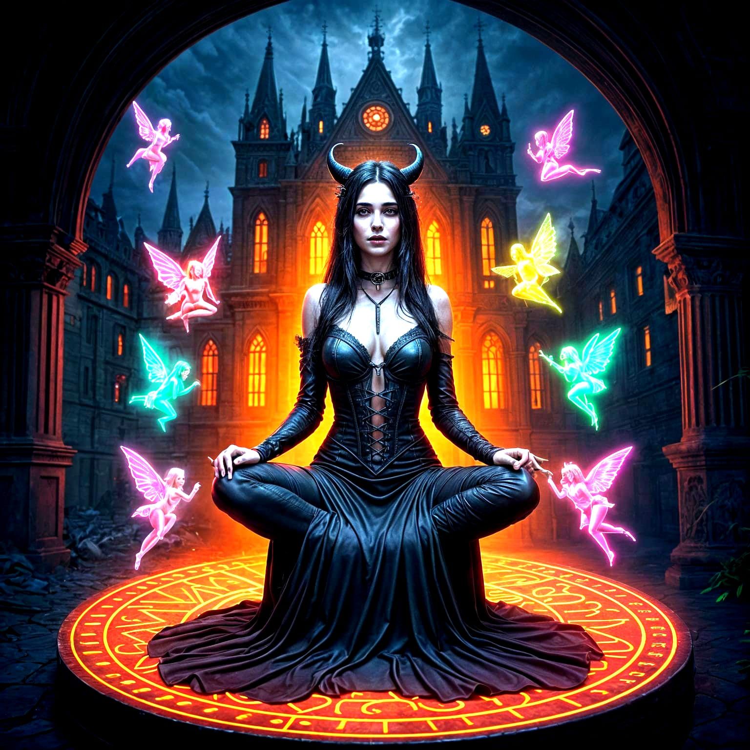 Vampiric Goddess Amidst Neon Fairy Realm