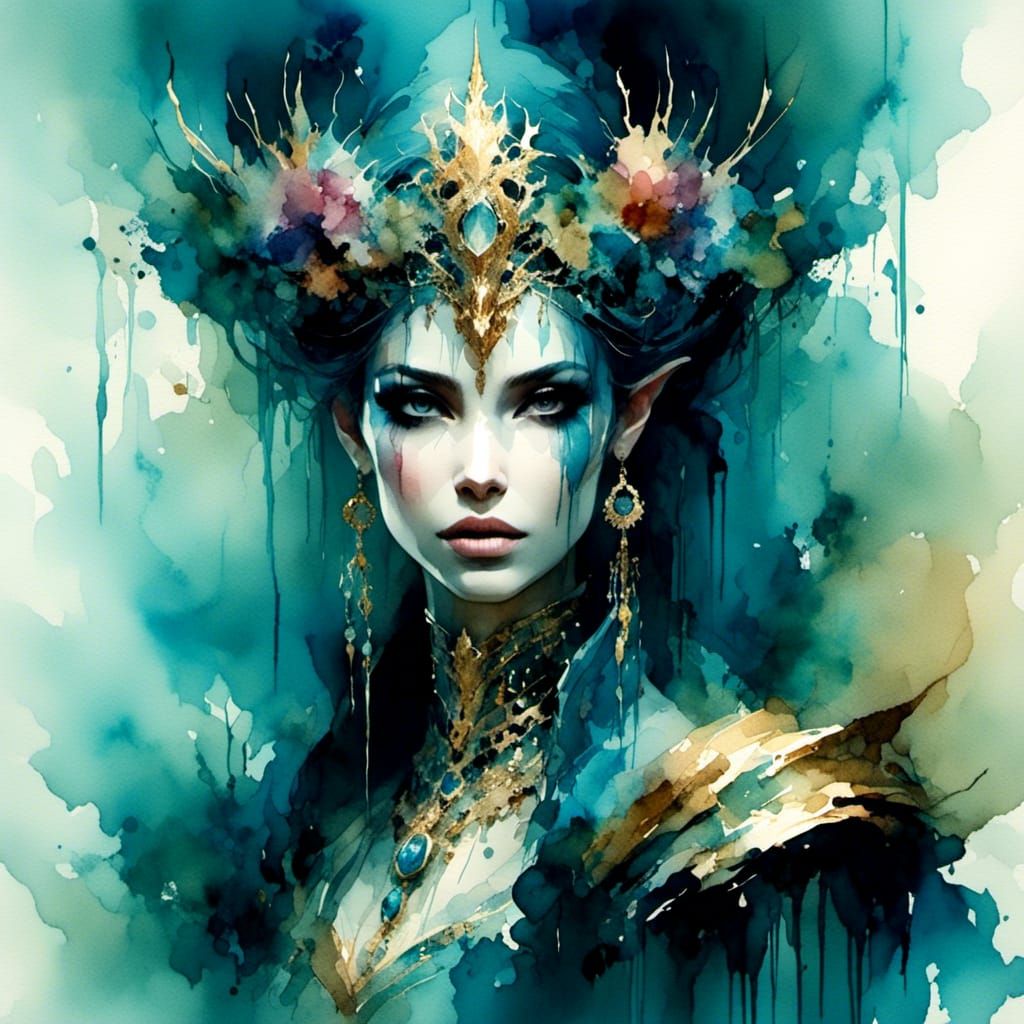 Opalescent Jungle Landscape with Portrait in Watercolor