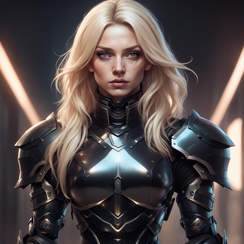 Blonde Woman in Black Futuristic Armor Portrait