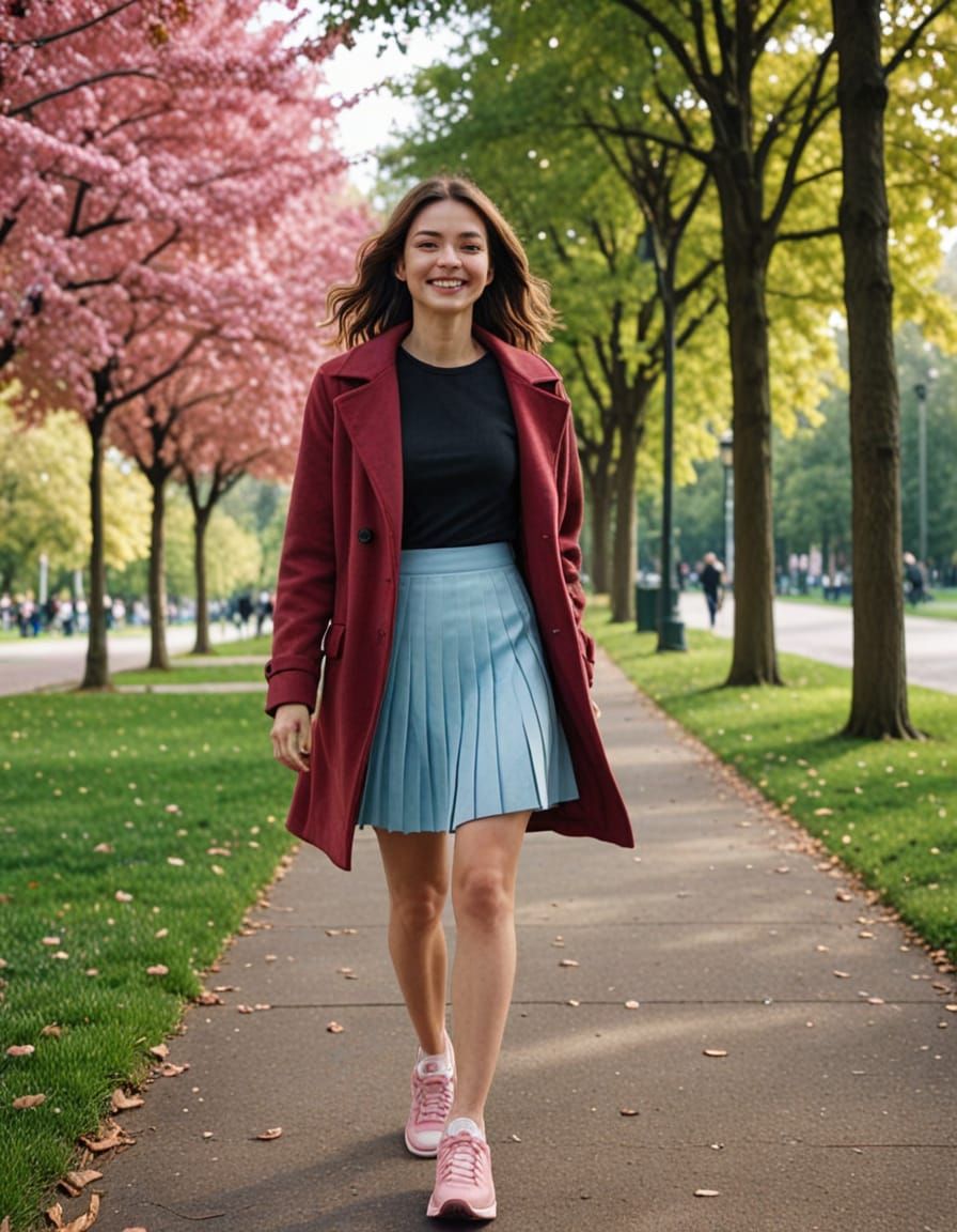 Woman with Crimson Coat Enjoys Coffee in Park