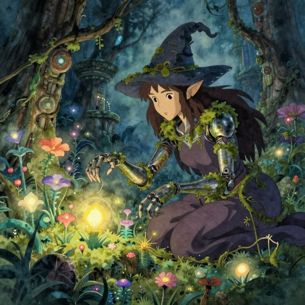 Moss-Covered Witch Tends Bioluminescent Garden