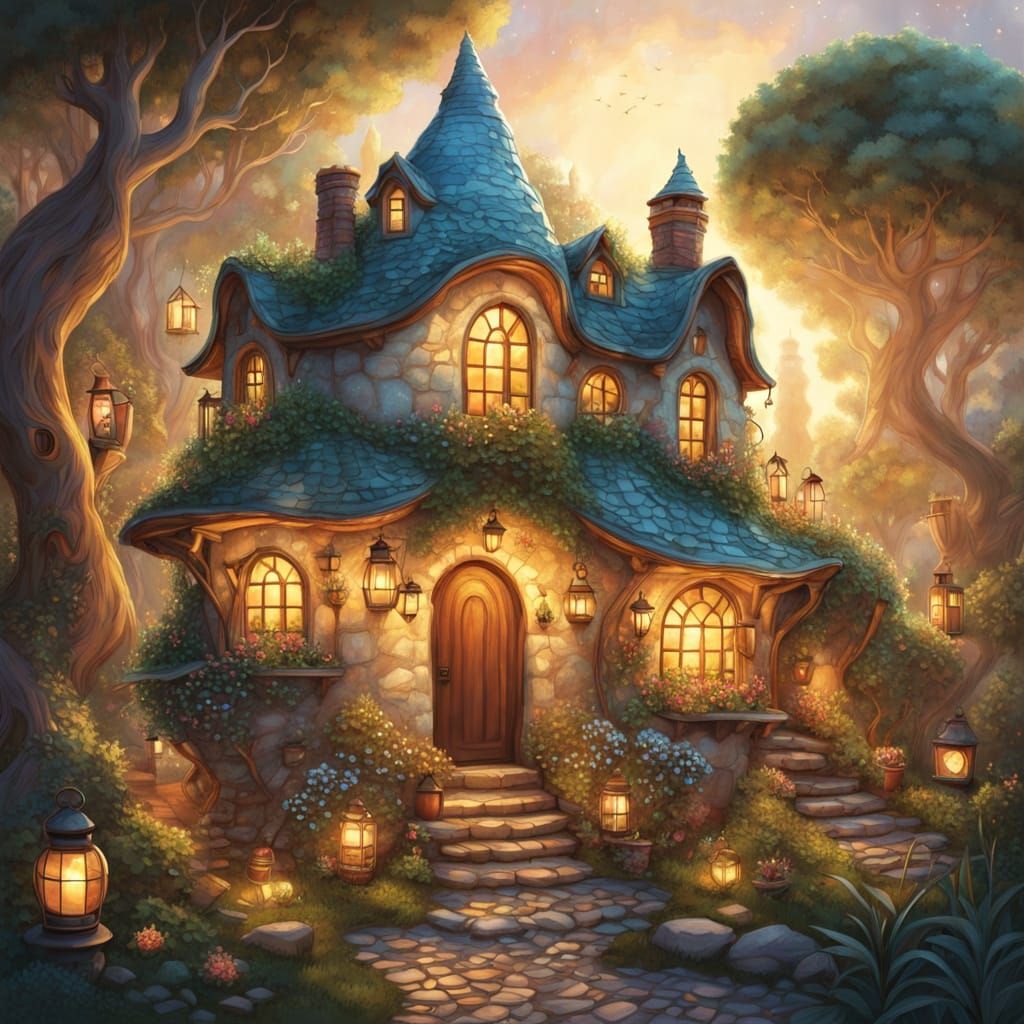 A whimsical, fantasy-style teapot house with a cozy, fairy-t...