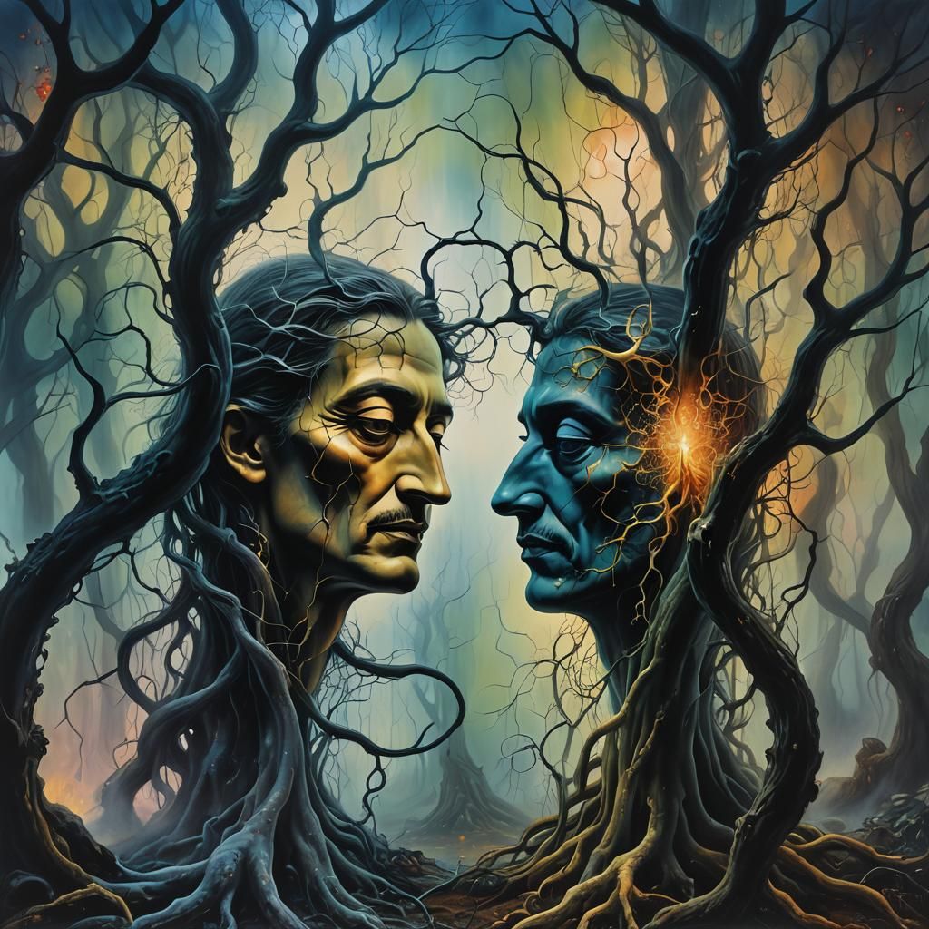 Souls Merge in Misty Forest: Surreal Oil Painting