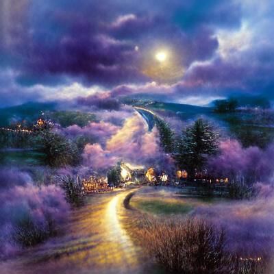 Moonlit Road Over Moor in Luminist Style