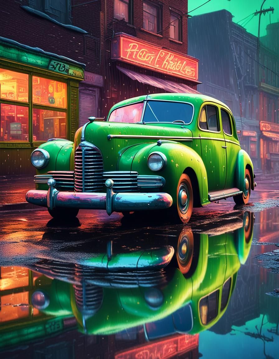 Derelict 1940s Car in Neon Cityscape
