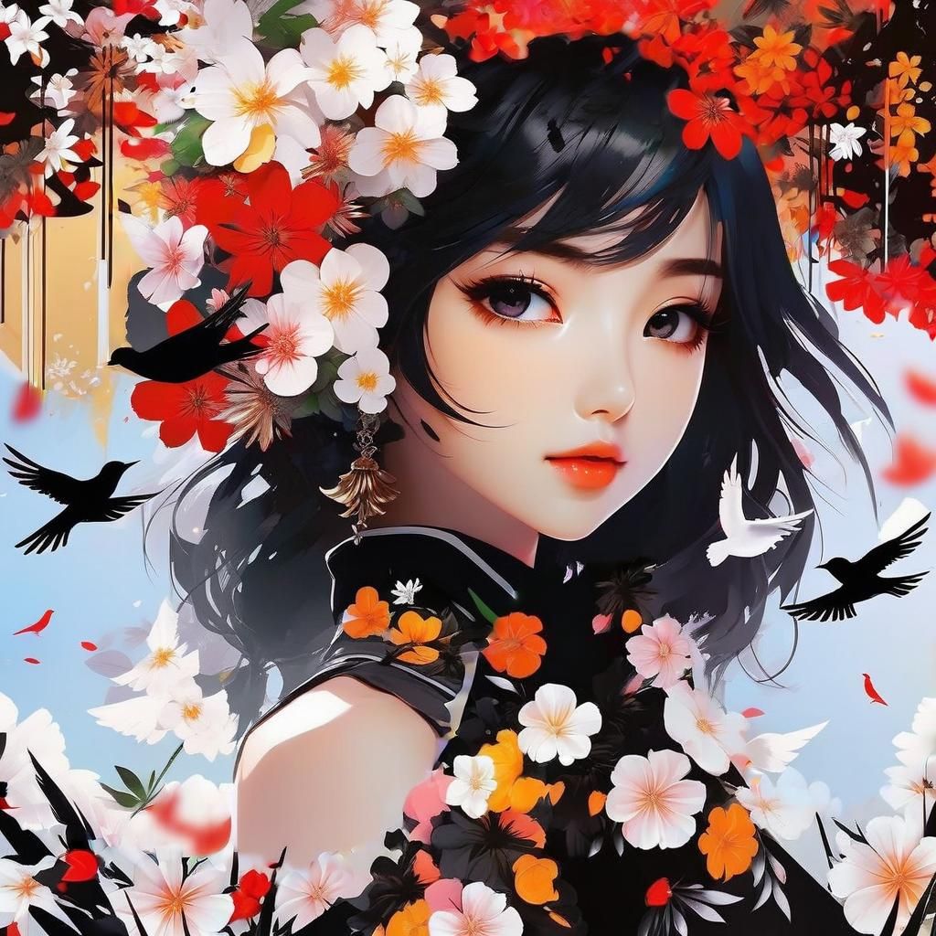 Anime Girl Silhouette with Floral Birds