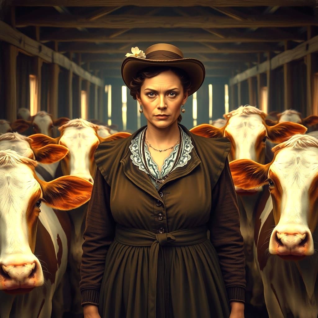 A Determined 19th-Century Woman Amidst Concerned Cows