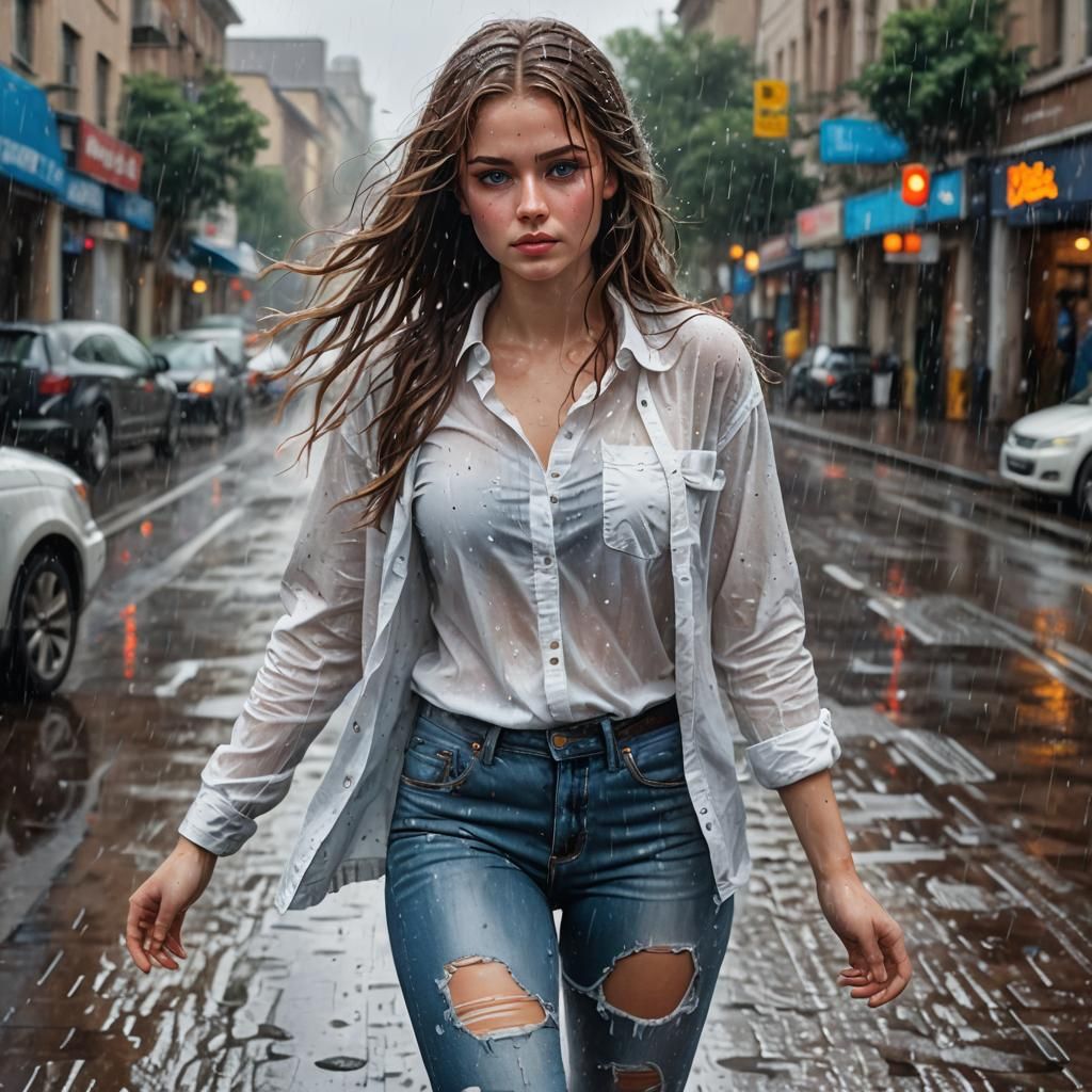 Hyperrealistic Lara in Rain, Digital Matte Painting