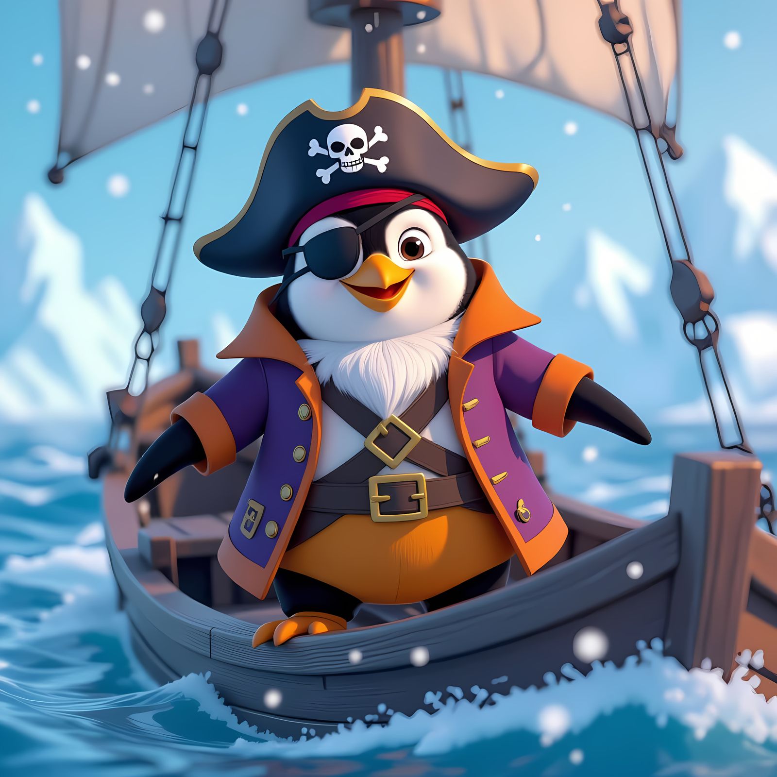 Penguin Pirate Ship in Antarctic Winter: Pixar Style
