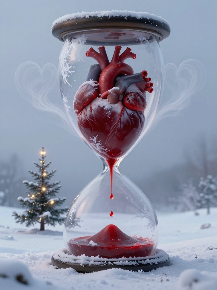 Human Heart in Hourglass: Blood to Snow Surreal Art