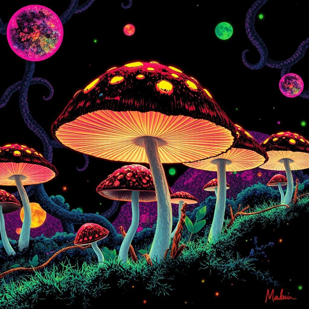 Psychedelic Neon Mushrooms Poster Art