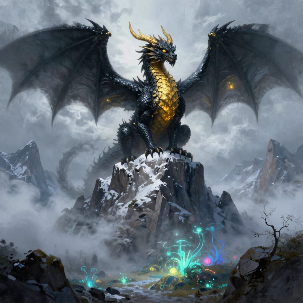 Ancient Obsidian Dragon on Snowy Peak Over Bioluminescent Va...