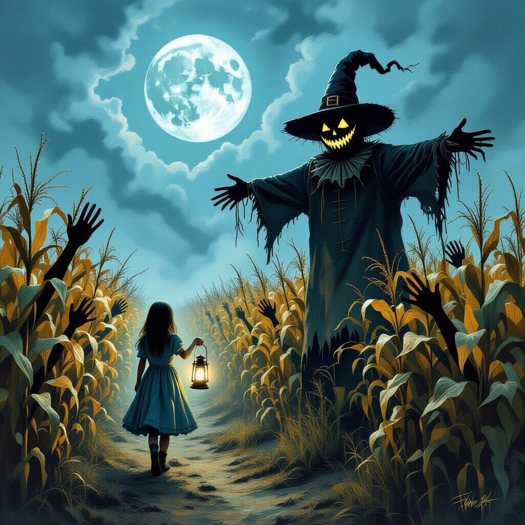Girl in Moonlit Corn Maze with Ghostly Hands