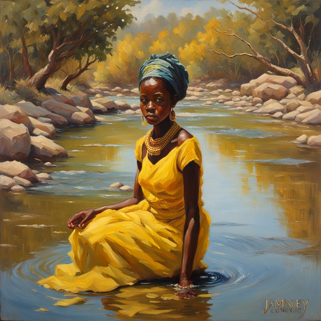 African Woman in Yellow Dress, Oil Painting