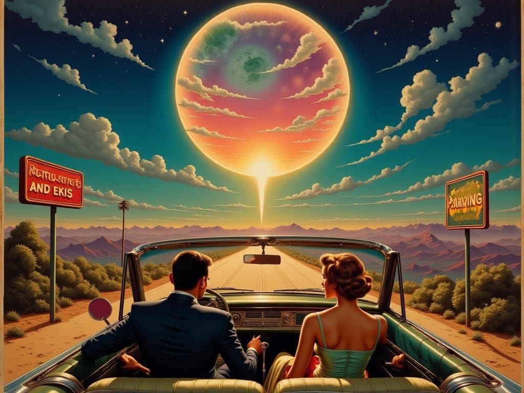 Surreal Retro Futuristic Scene Blending Classic and Modern E...