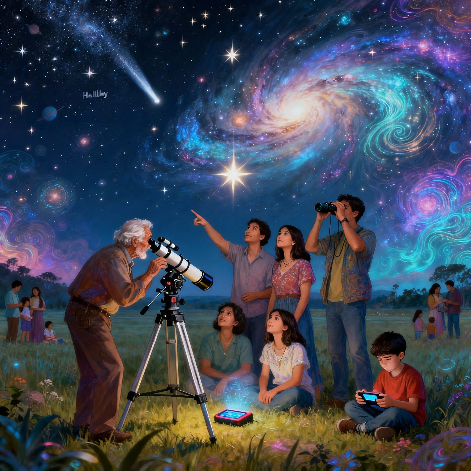Family Watches Halley's Comet in Cosmic Night Sky