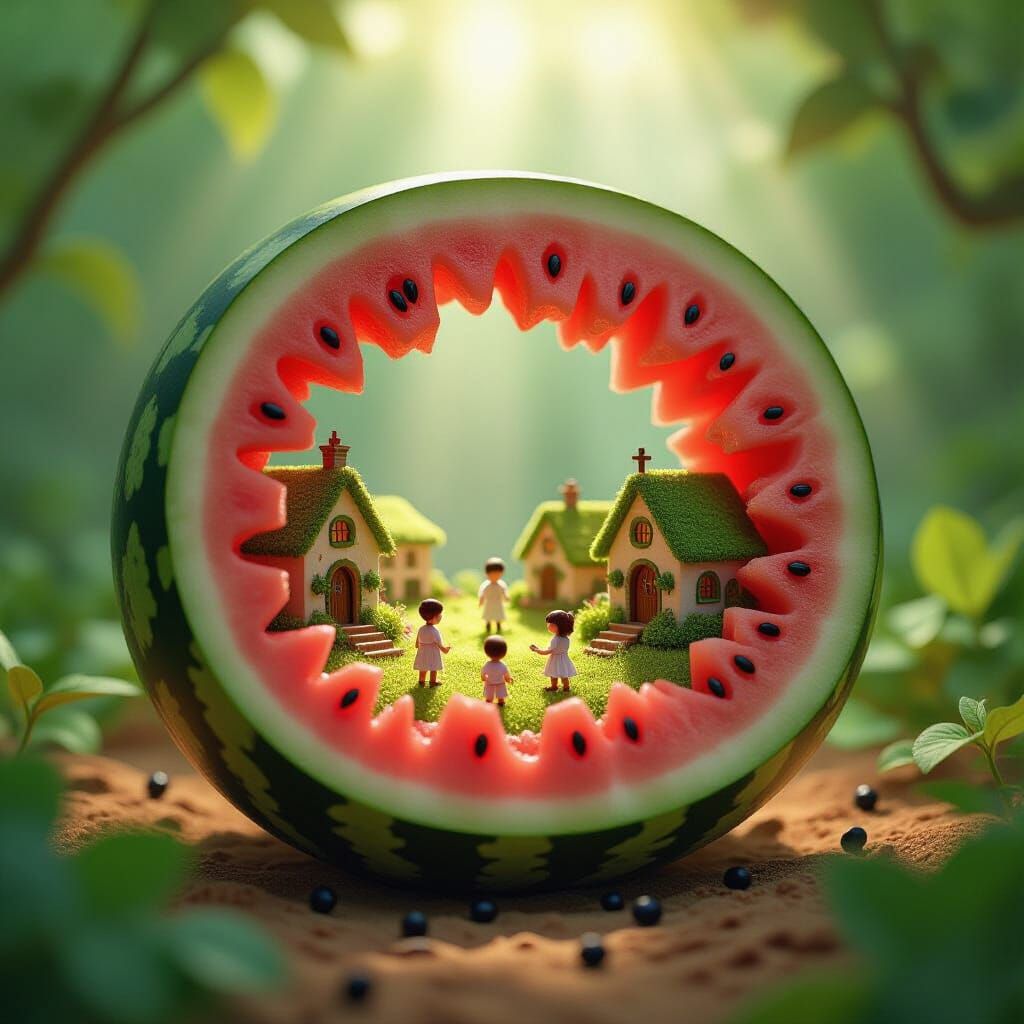 Miniature World Inside a Watermelon, Whimsical Illustration