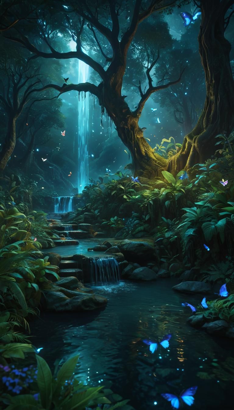 Lush Fantasy Forest with Bioluminescent Waterfall