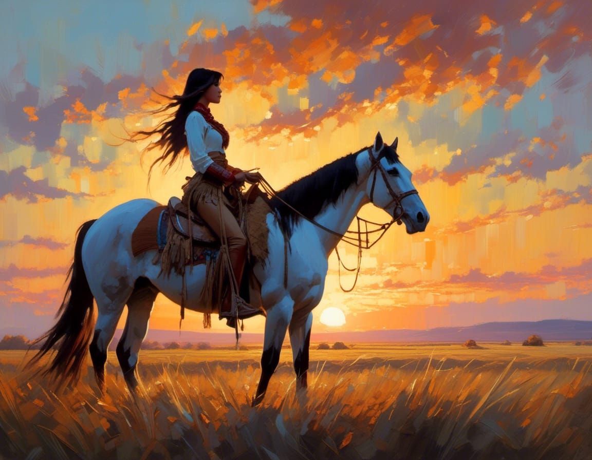 Pocahontas on Horseback at Sunset