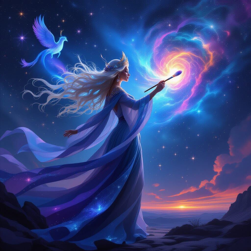 Cosmic Goddess Paints Night Sky with Dreams and Animals