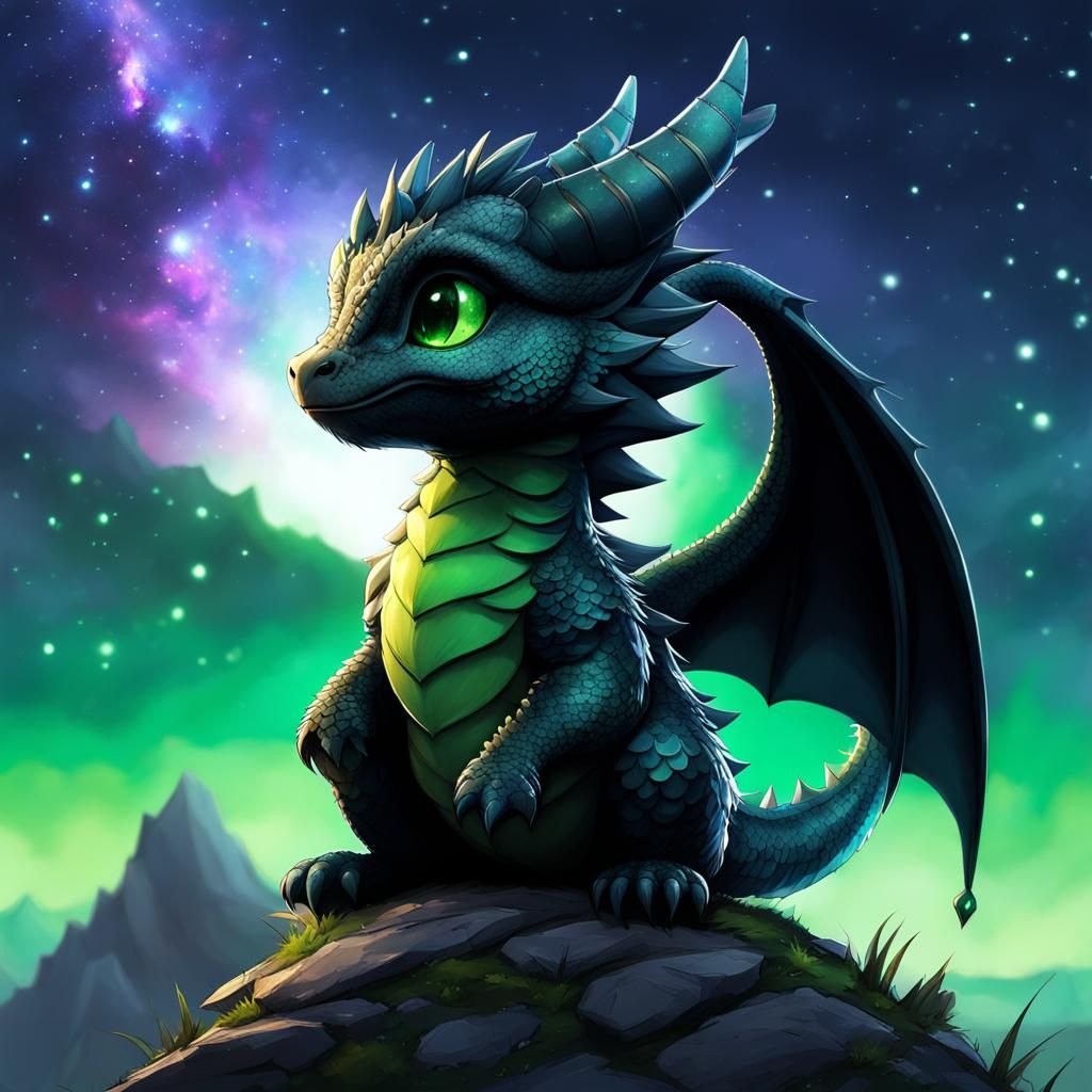 Chibi Dragon with Galaxy Background, Digital Art