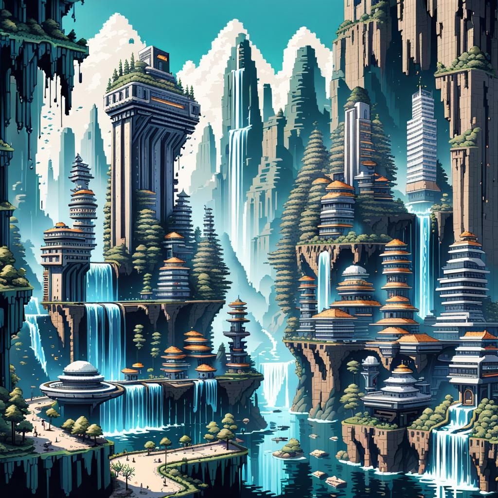 8-Bit Futuristic City with Waterfalls in Pixel Art